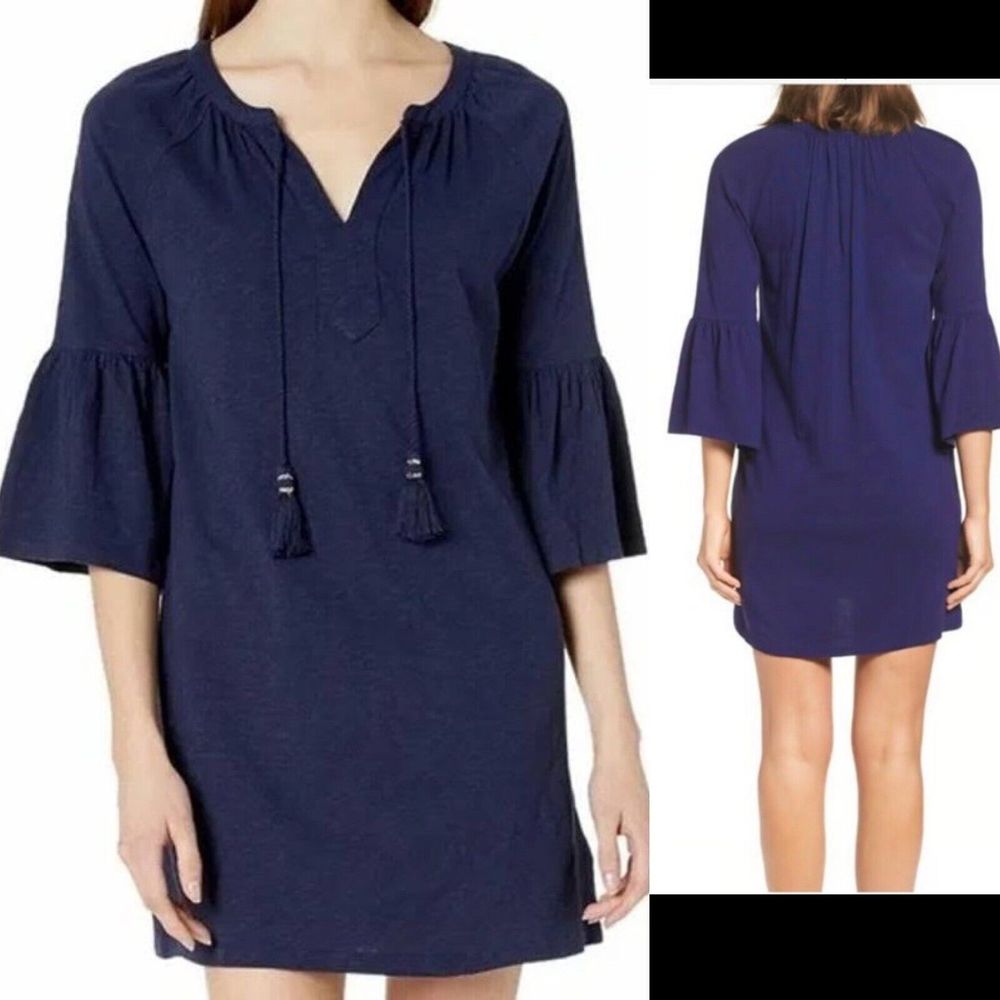 Lilly Pulitzer De Lago Tasstled Dress Flare sleeves Navy Blue Cotton Modal